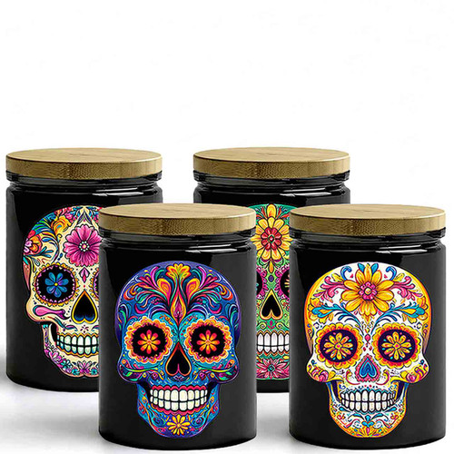 Sugar Skull Glass Jar w/ Lid, 12 oz, 12/Case Assorted, Glossy Black