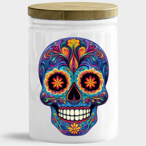 Cosmic Sugar Skull Glass Jar w/ Lid, 12 oz, Glossy White