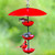 Mosaic Birds Triple Hanging Poppy Feeder Ruby Red with Red Dome and Cardinal