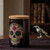 Sugar Skull Glass Jar w/ Lid, 12 oz, 12/Case Assorted, Glossy Black in Study with Crow Figurine