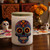 Sugar Skull Glass Jar w/ Lid, 12 oz, 12/Case Assorted, Glossy White for Dia de los Muertos