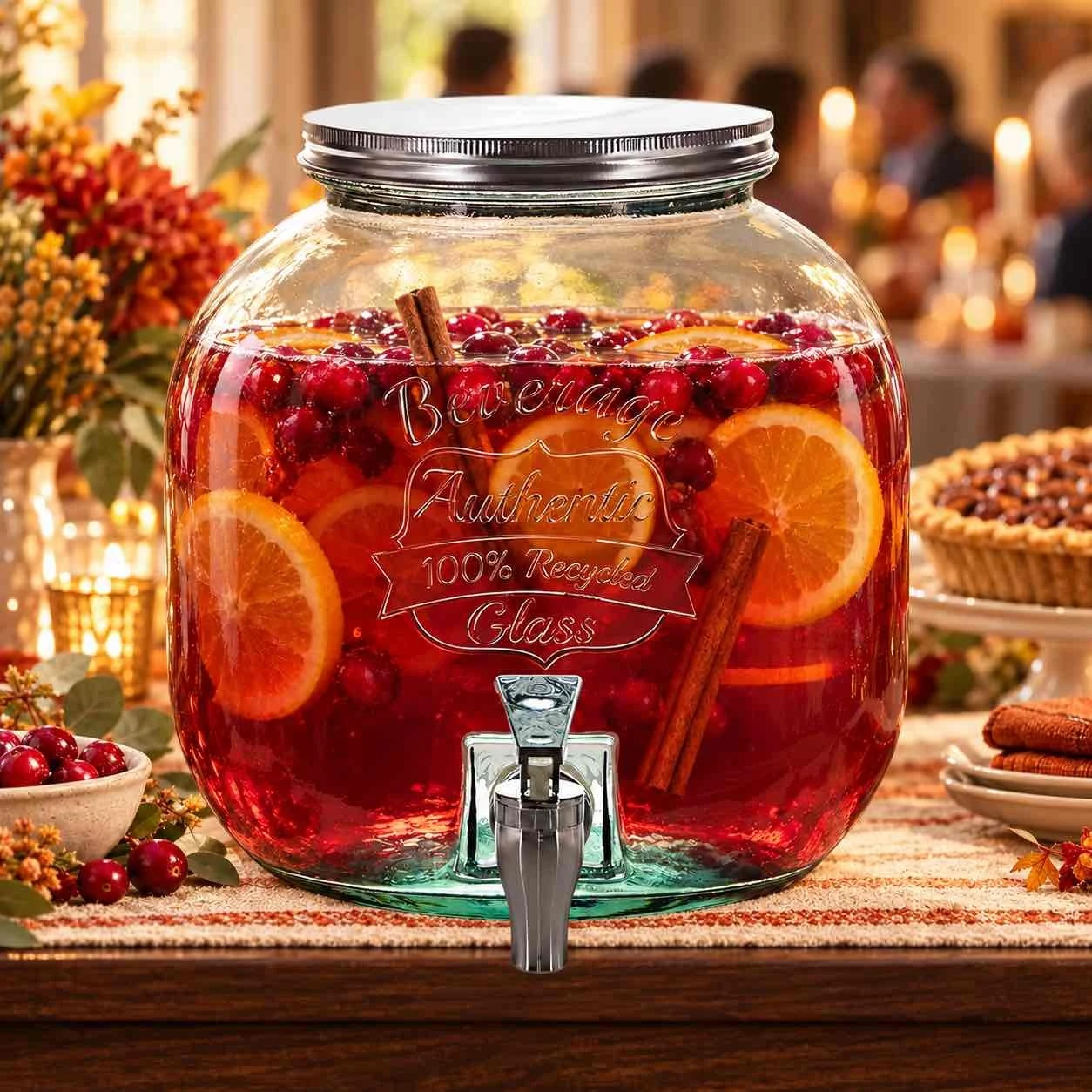 Recycled glass jar with spigot, styled as a holiday beverage dispenser