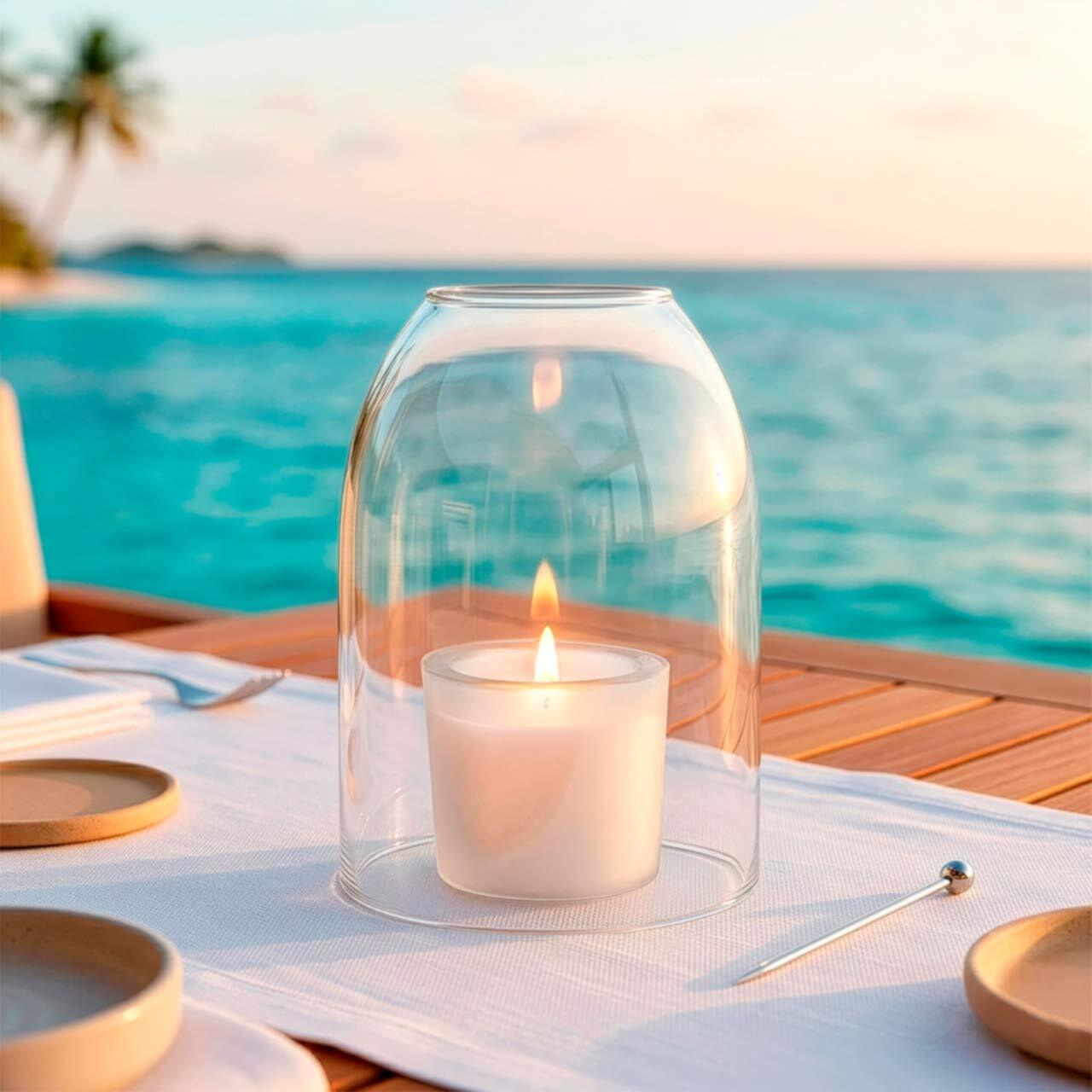 Marini Wind Shield with Lit Frosted Candle on Beachside White Table at Outdoor Restaurant