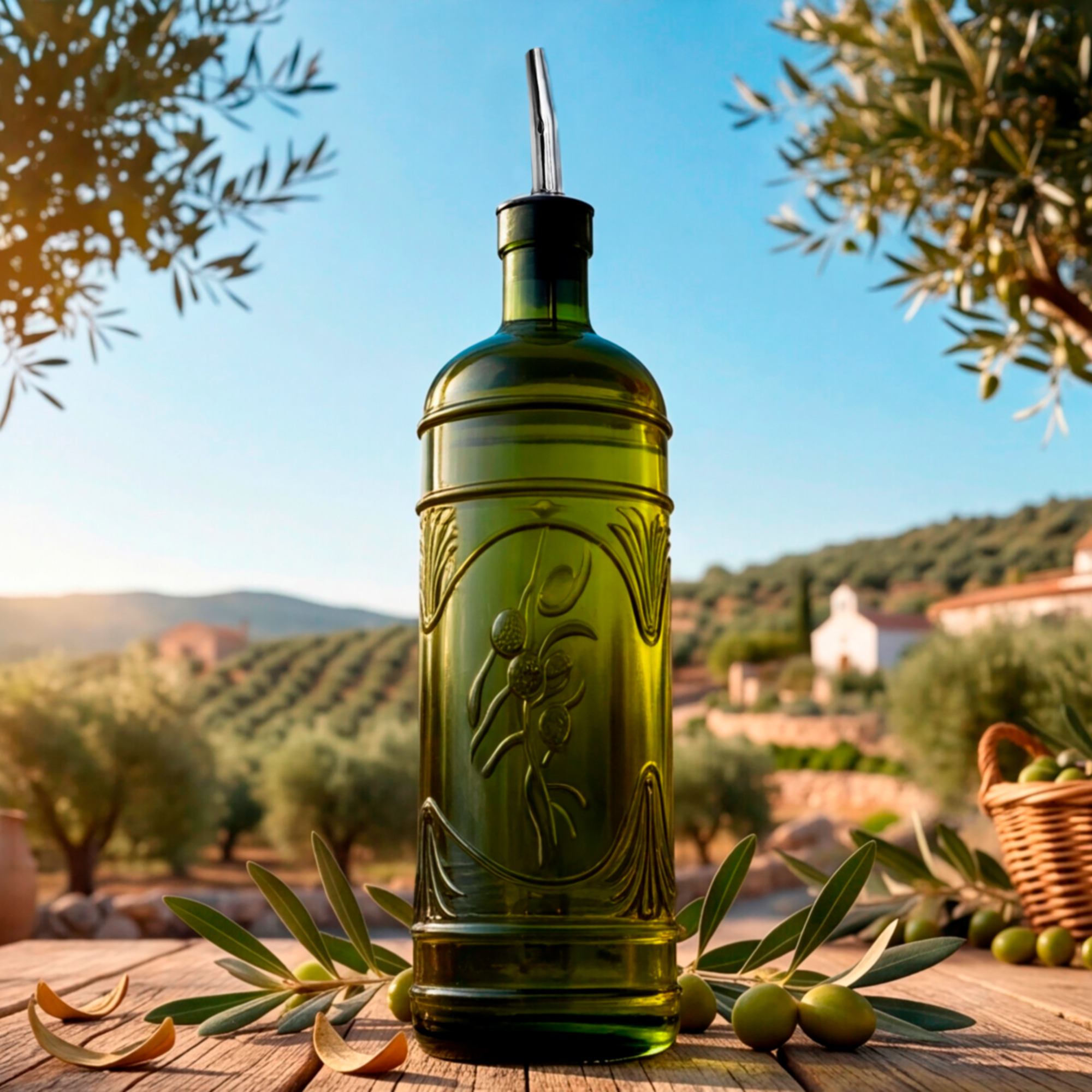 Olive Branch Oil Bottle Vintage Green with Olives in Italian Countryside Olive Farm