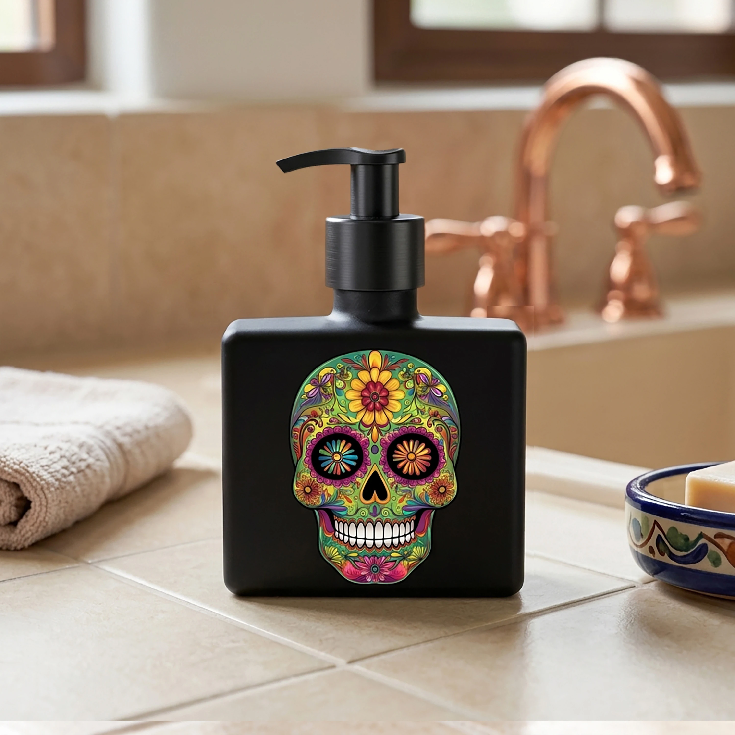 Bloom Sugar Skull Soap & Lotion Glass Dispenser Bottle, Matte Black in Tiled Bathroom at Restaurant