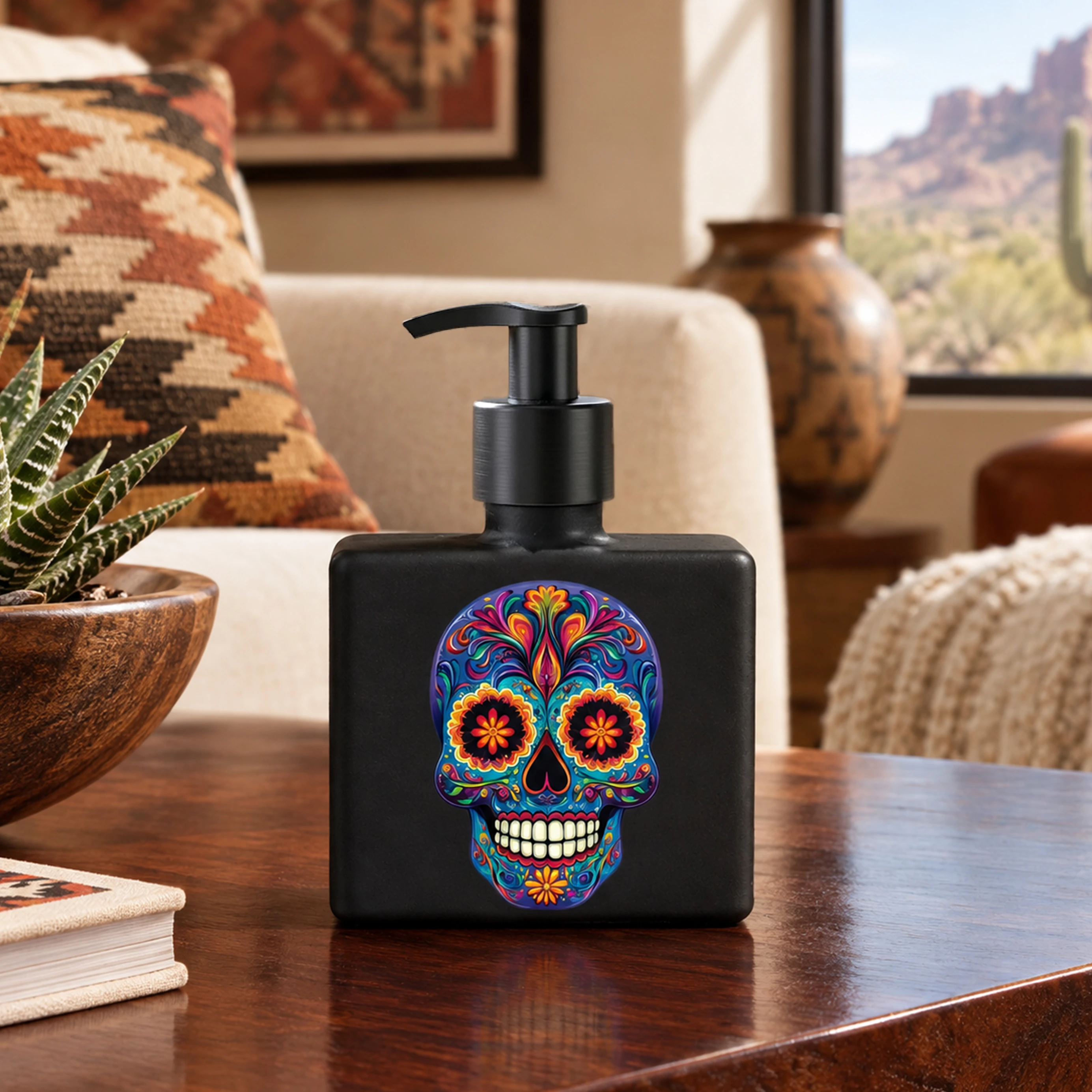 Cosmic Sugar Skull Soap & Lotion Glass Dispenser Bottle, Matte Black in Arizona Desert Indigenous Styled Home