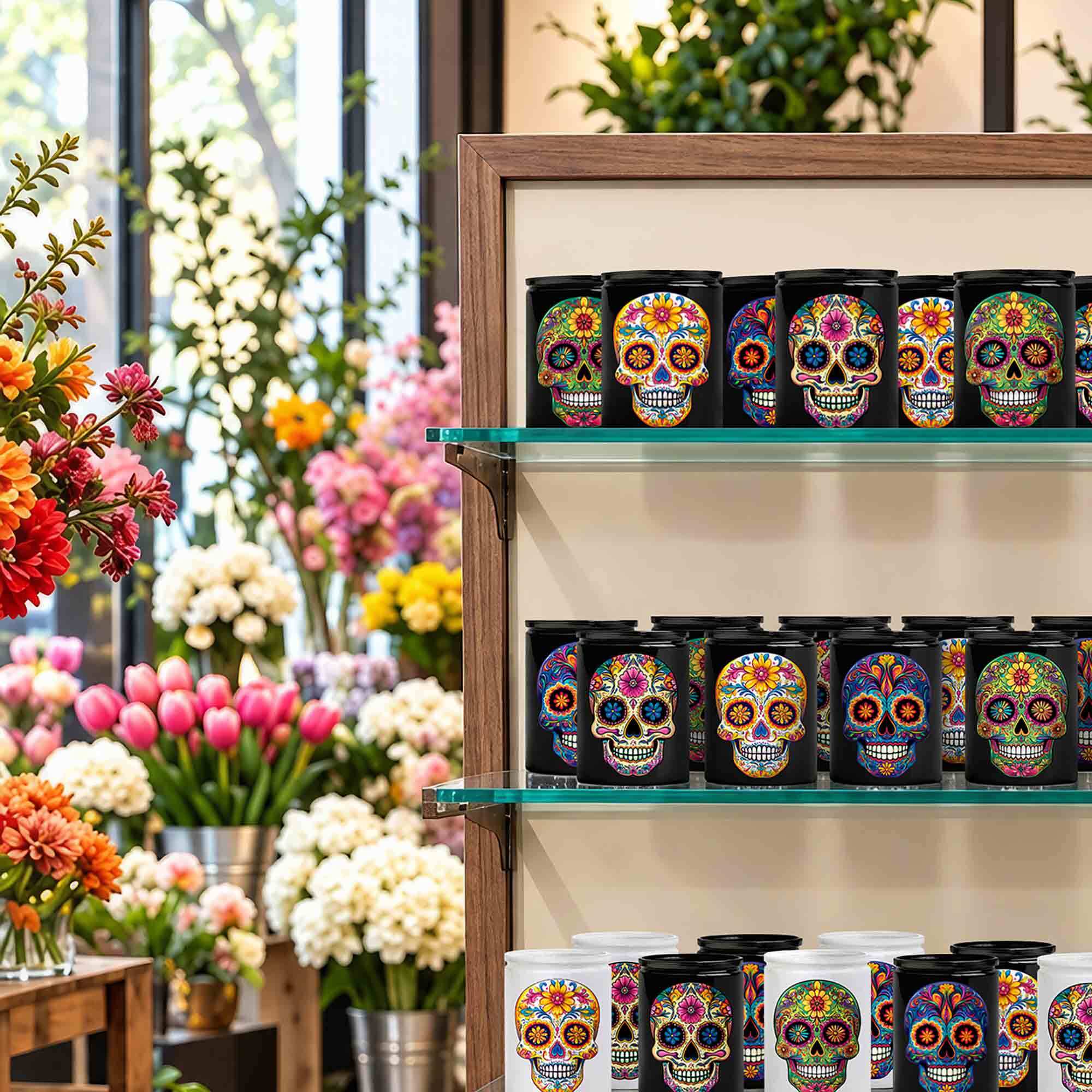 12 oz Sugar Skull Black Jars on Glass Retail Shelf in Flower Shop Display