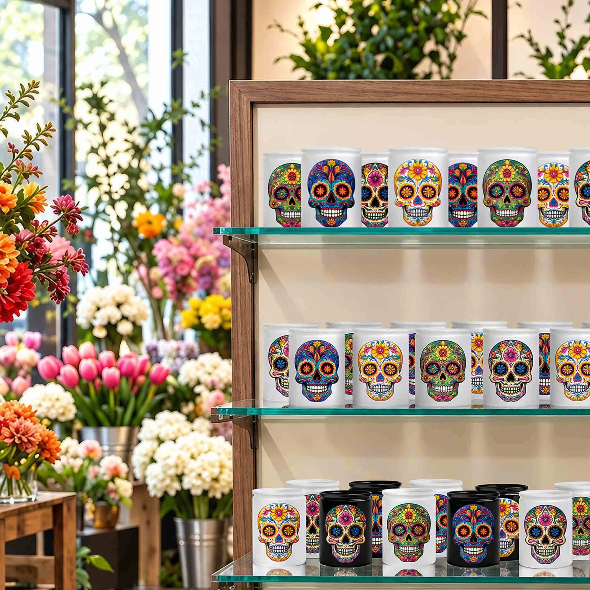 12 oz Sugar Skull White Jars on Glass Retail Shelf in Flower Shop Display