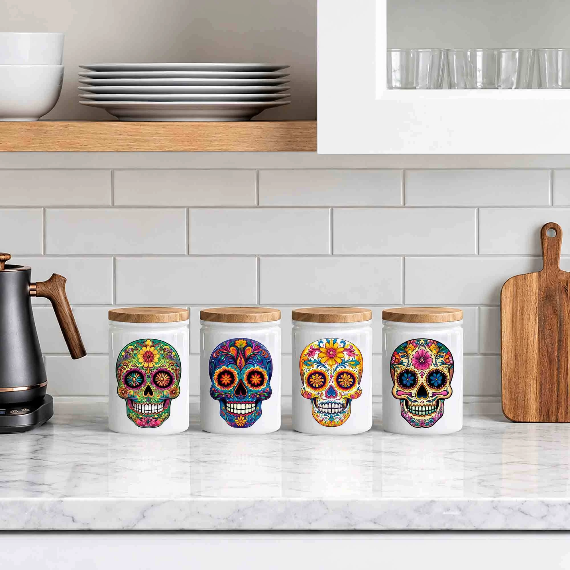 12 oz Sugar Skull White Jars on Kitchen Counter by Electric Kettle and Cutting Board with Sugar, Flour, Tea, Coffee