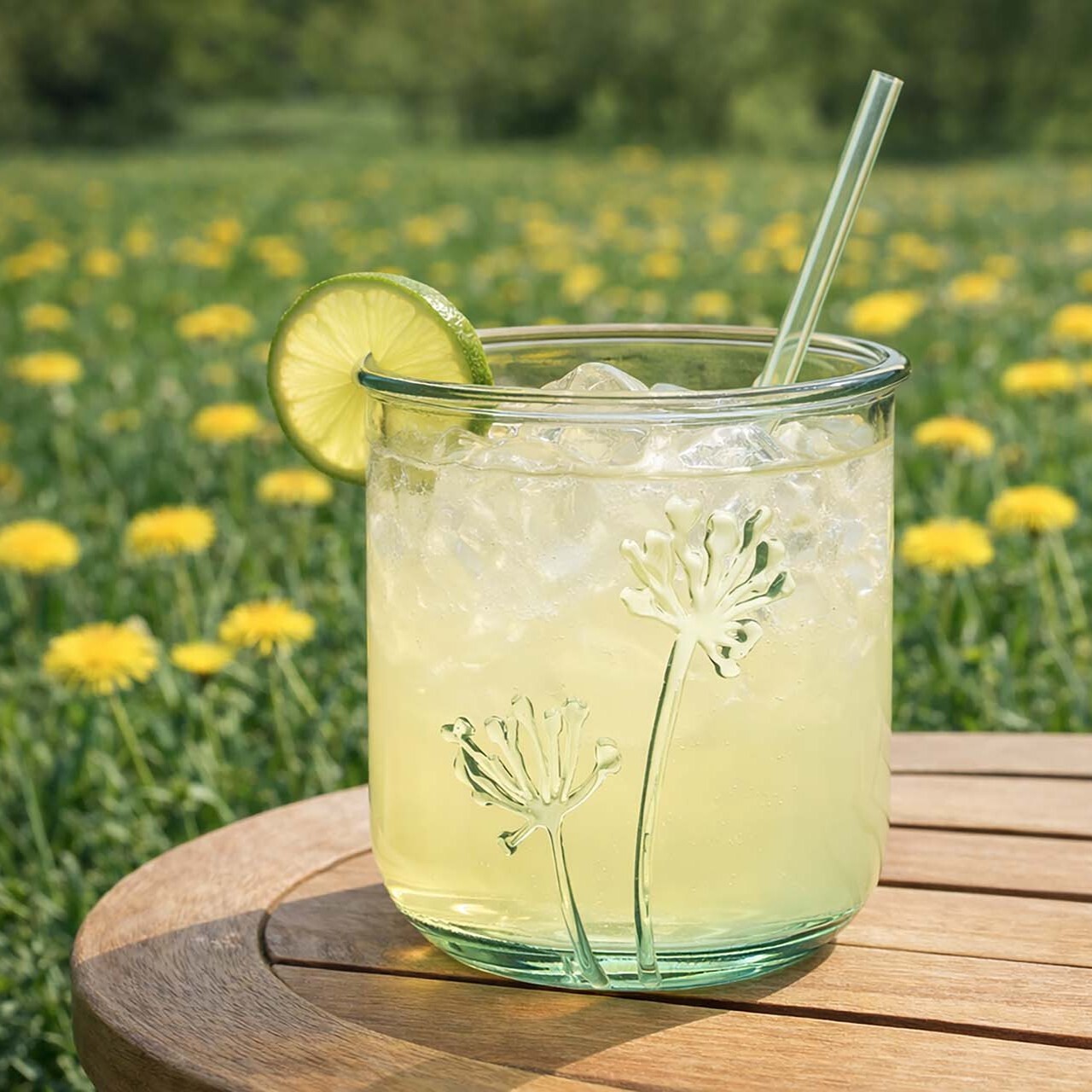 Classico Flora with Lemonade and Lime by Dandelions on Picnic Table