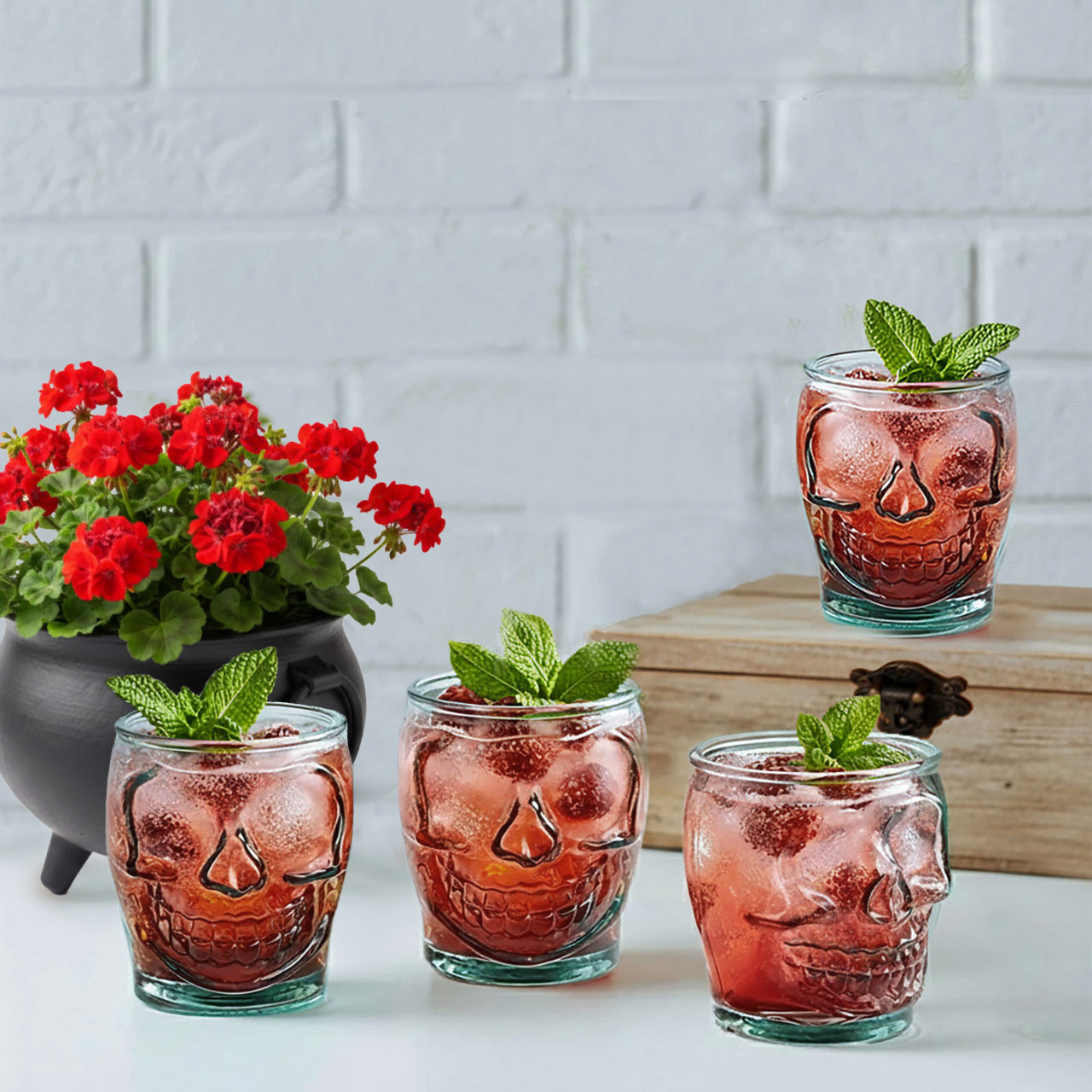 Margarita Skull Tumblers with Raspberry Spritzer, Flower Pot Cauldron, and Wooden Charm Box