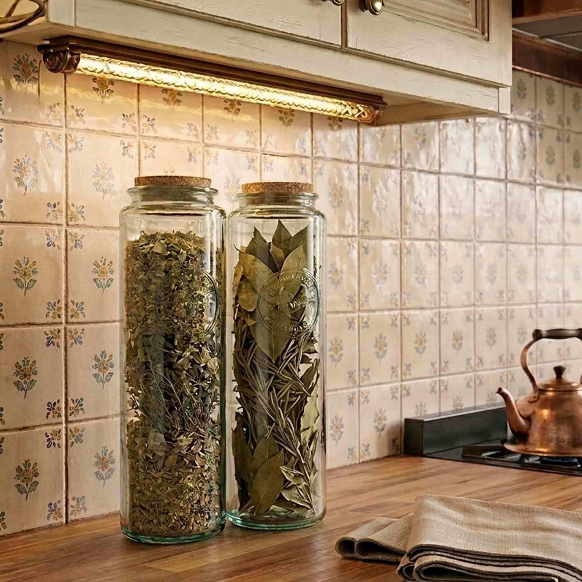 Authentic Jar in Vintage Kitchen with Lavender, Bay Leaves, and Herbs by Teapot on Counter