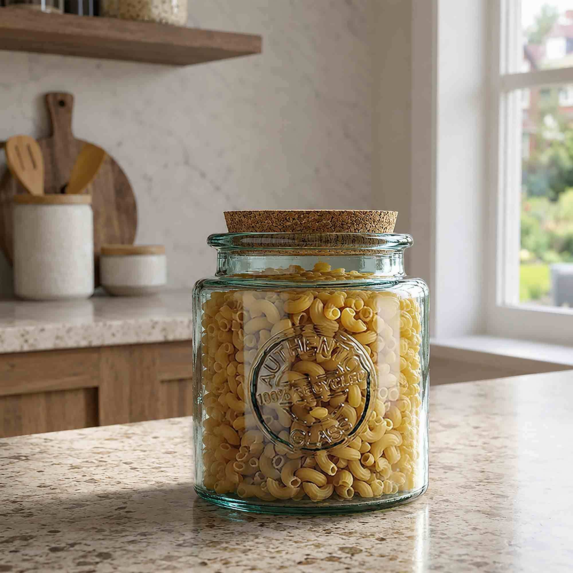 27 oz Authentic Recycled Glass Jar in Kitchen with Ridged Elbow Macaroni Noodles