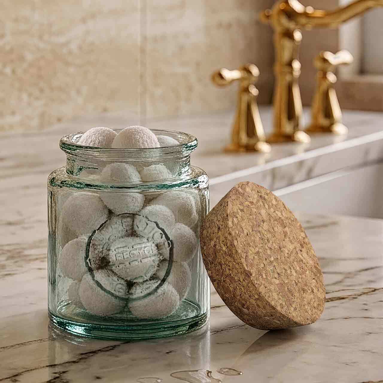 Authentic Recycled Glass Jar with Cork 8.5 oz with Cotton Balls on Bathroom Vanity Counter