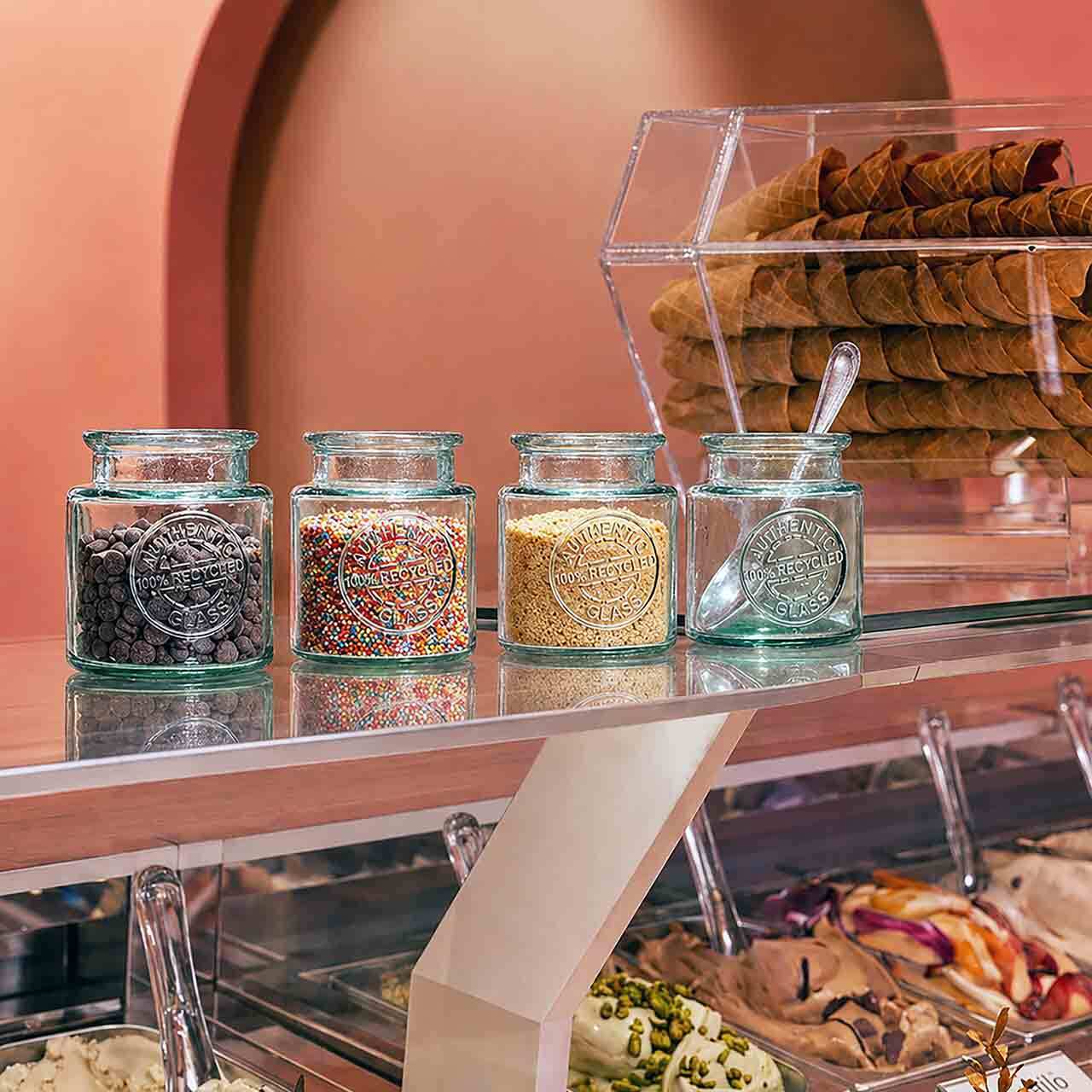 Authentic Recycled Glass Jar with Cork 8.5 oz in Gelato Shop with Sprinkles and Chocolate Chips