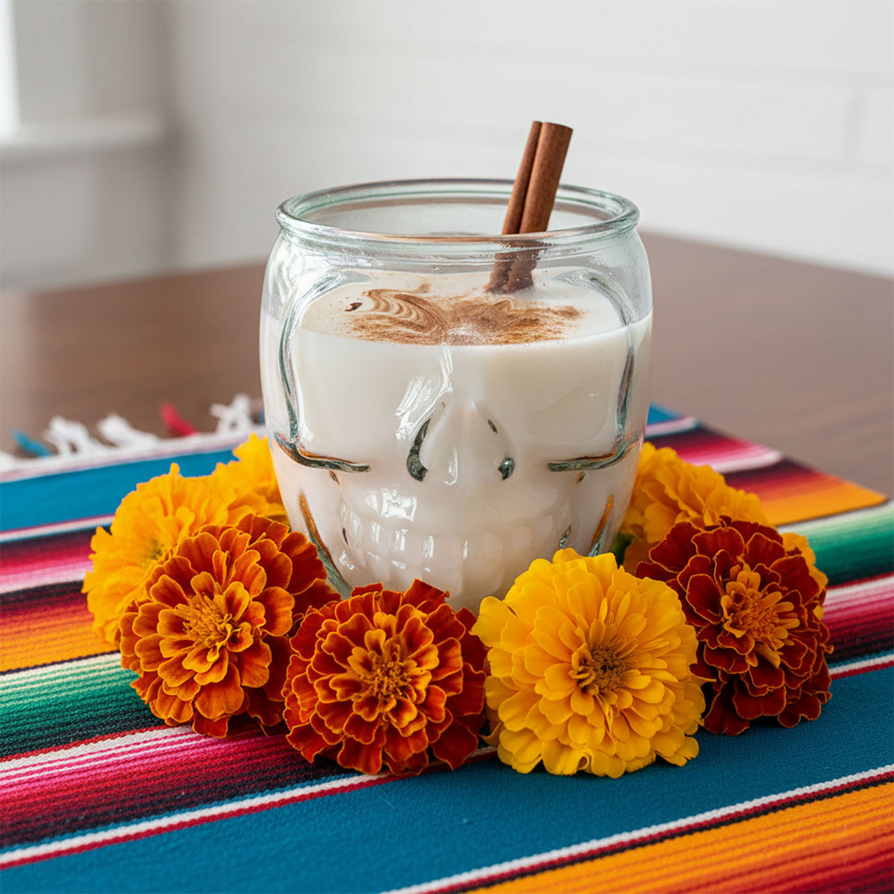 Margarita Skull with Horchata and Cinnamon on Serape with Marigolds