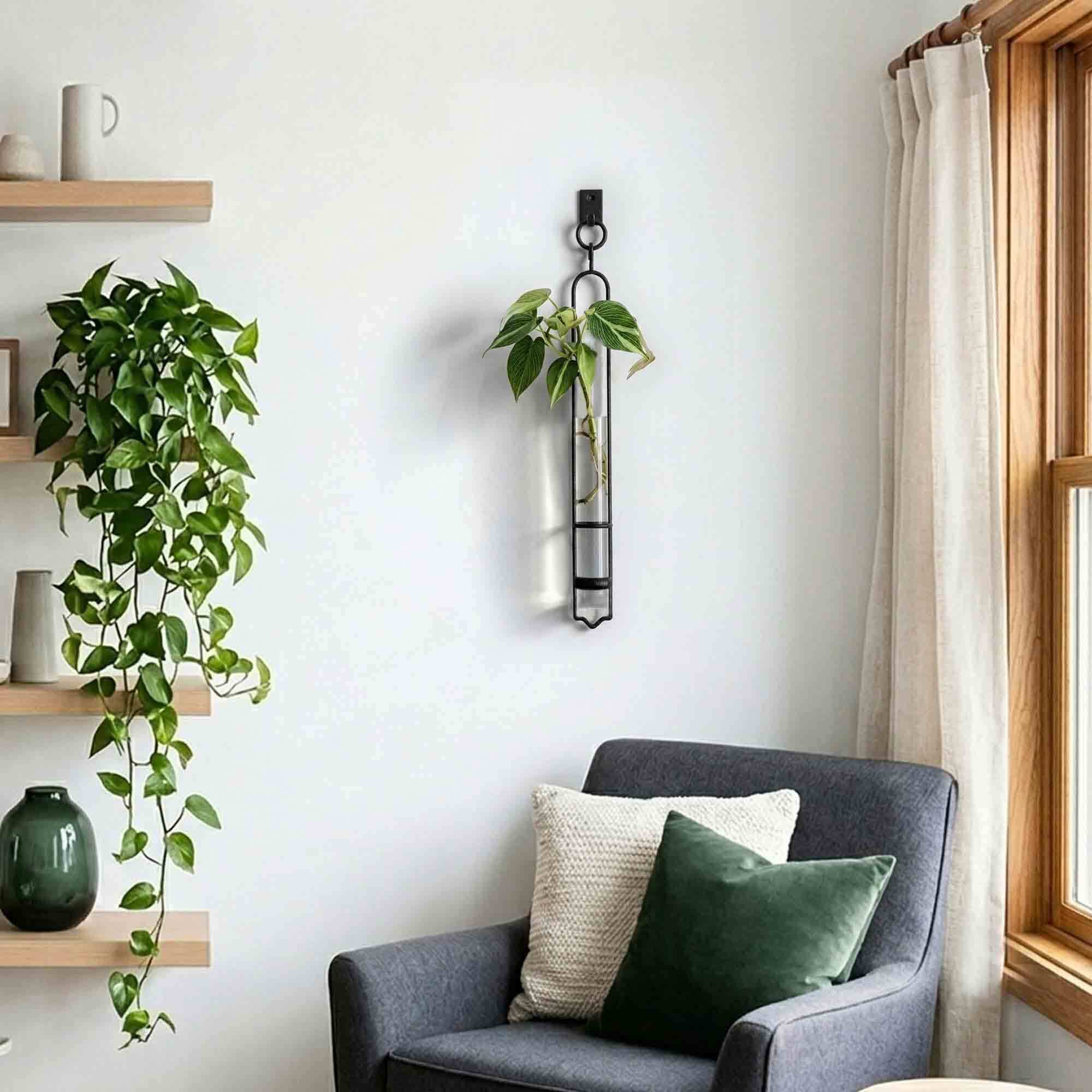 15 inch Florence Hanging Tube Vase with Ivy in Casual and Cozy Living Room
