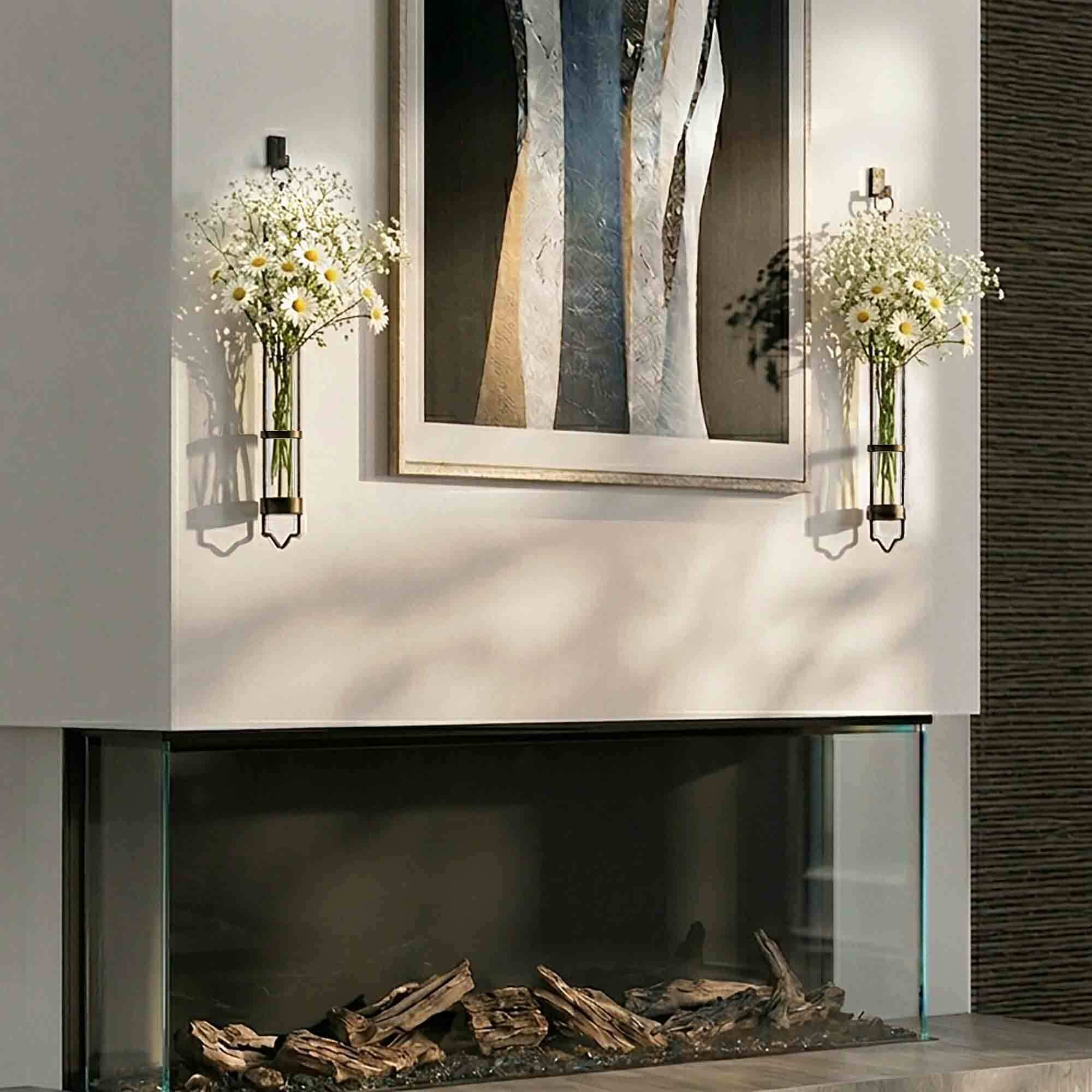15 inch Florence Hanging Tube Vase with Daisies and Baby's Breath by Fireplace