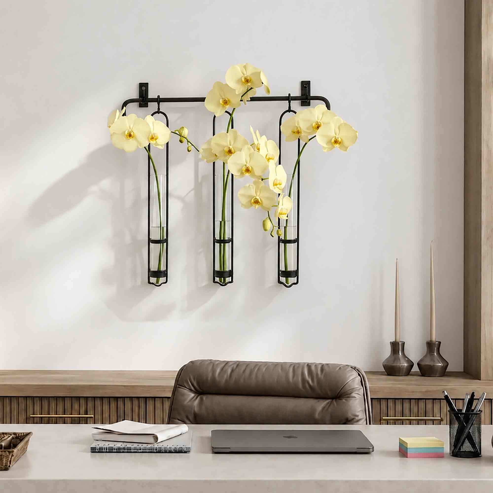 Campania Hanging Vase with Yellow Orchids in Home Office