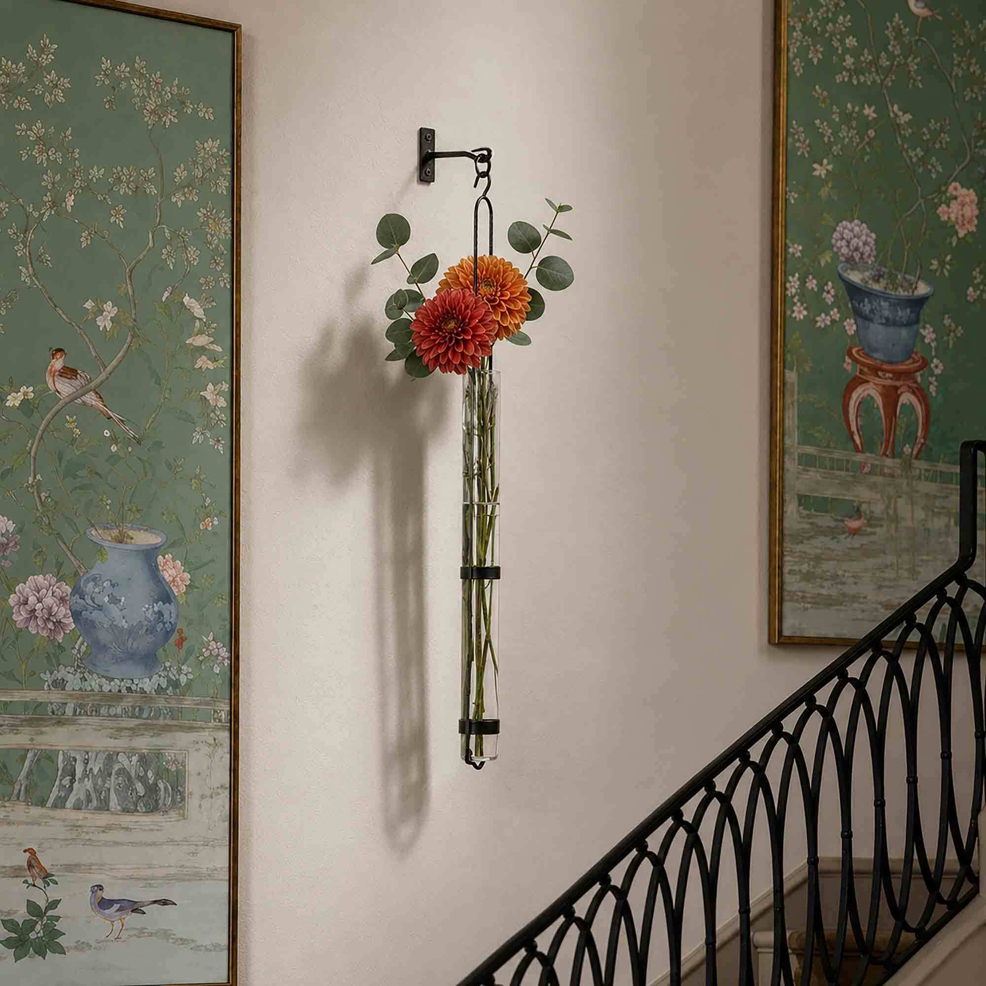 33 in Florence Hanging Pendant Tube Vase with Orange Dahlias on Staircase by Japanese Aqua Watercolor Paintings