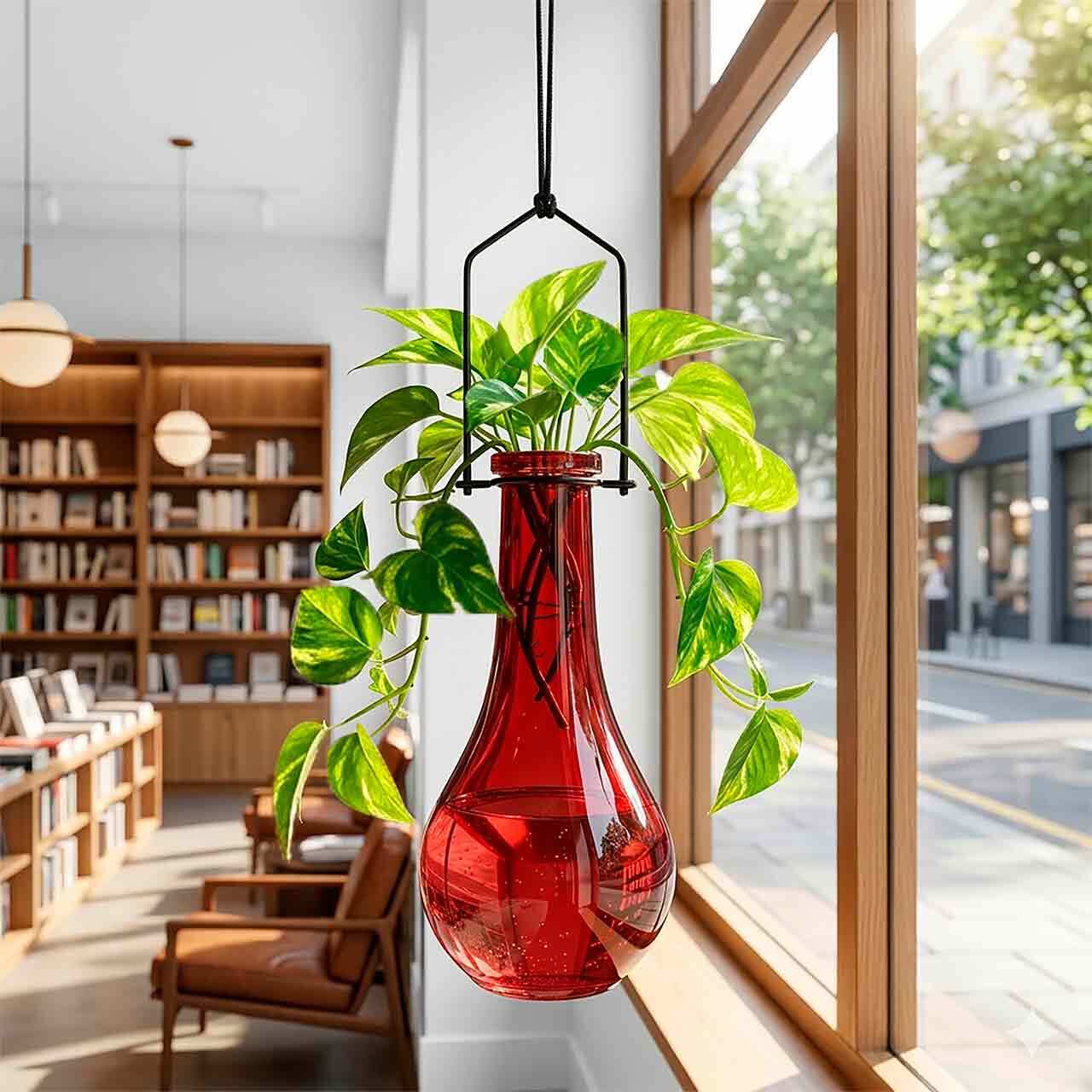 Hanging Drop Propogation or Bud Vase Red in Bookstore or Library with Rooting Pothos