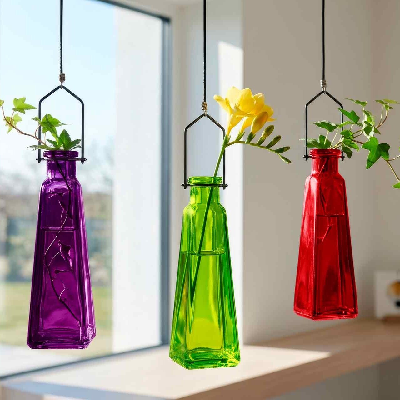 Hanging Pyramid Vase Trio Lime, Red, Violet with Ivy and Freesias in Window