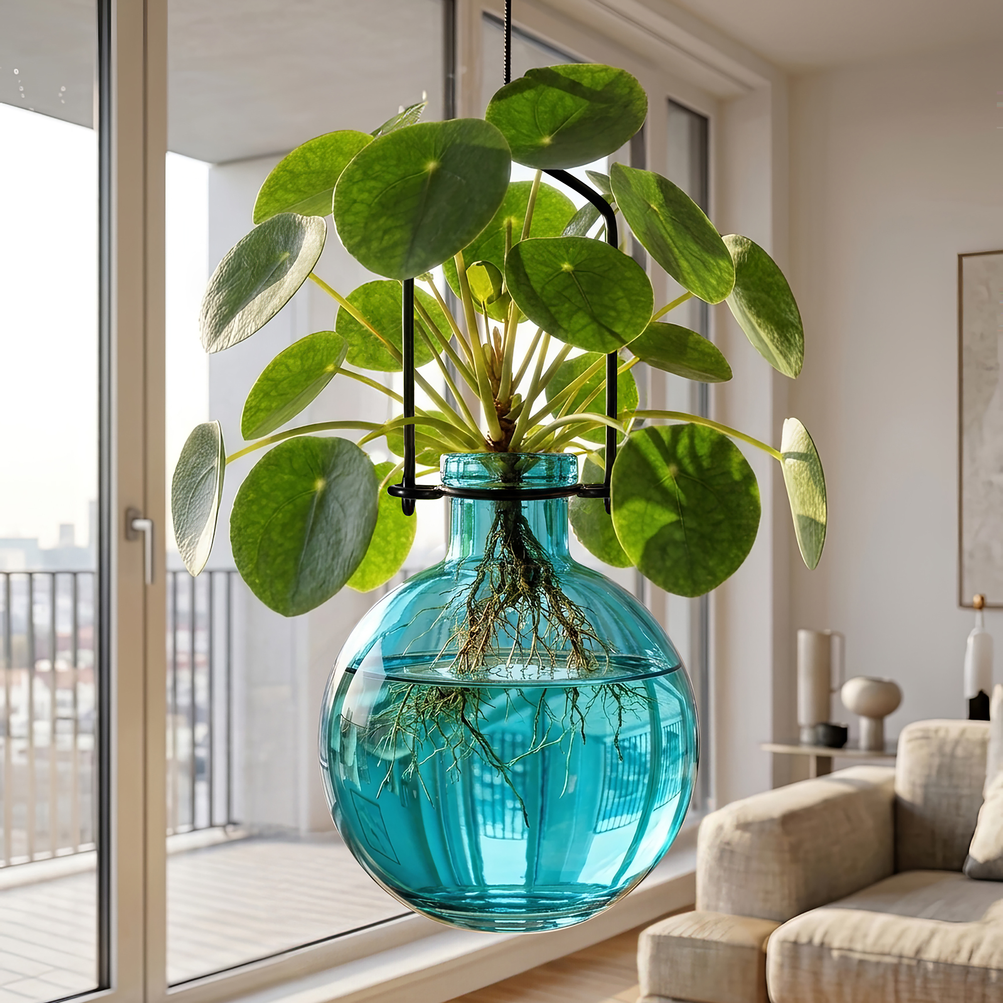 Hanging Ball Vase Aqua with Rooting Pankake Plant in Living Room by Window