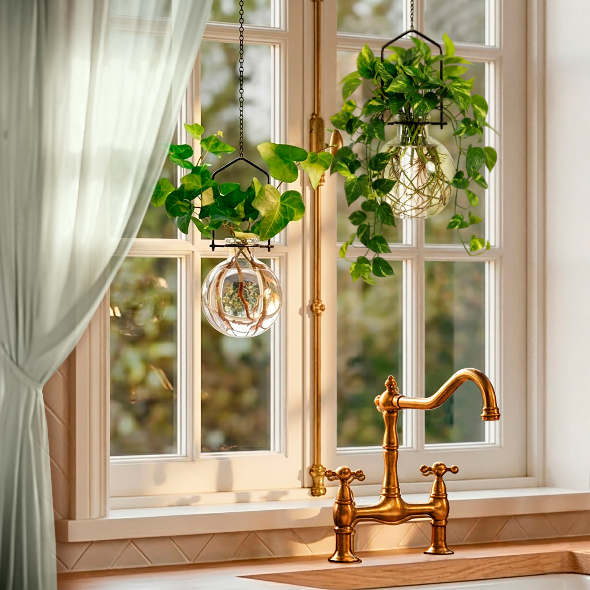 Hanging Small Ball Vases Clear with Rooting Ivy and Pothos by Window and Sheer Curtain in Cottagecore Kitchen