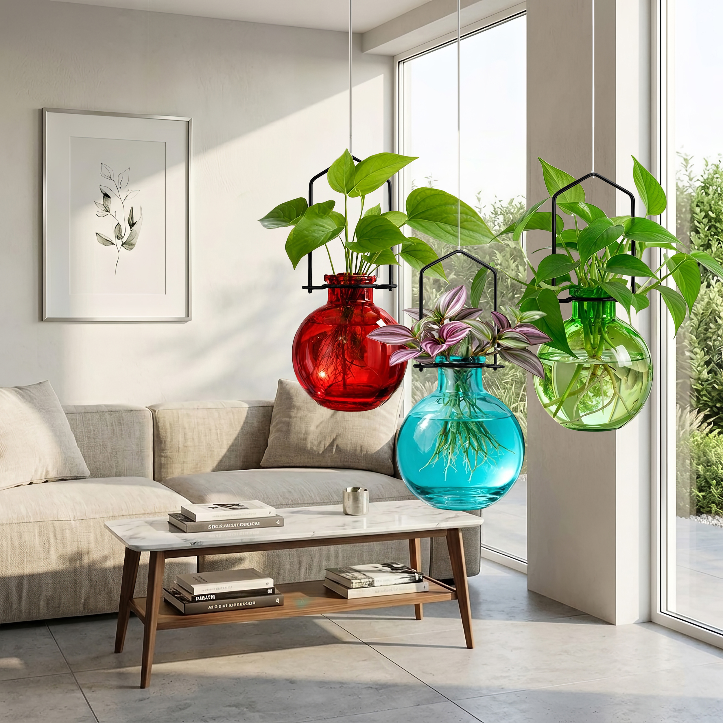 Hanging Vases Small Ball Trio Red, Aqua, Lime with Propagating Leafy Plants in Modern Living Room