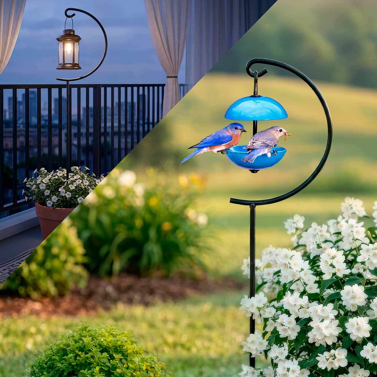 Adjustable Stake Lengths with Lantern on Balcony in Planter Pot and in Garden with Bluebirds, Mealworms, and Aqua Feeder