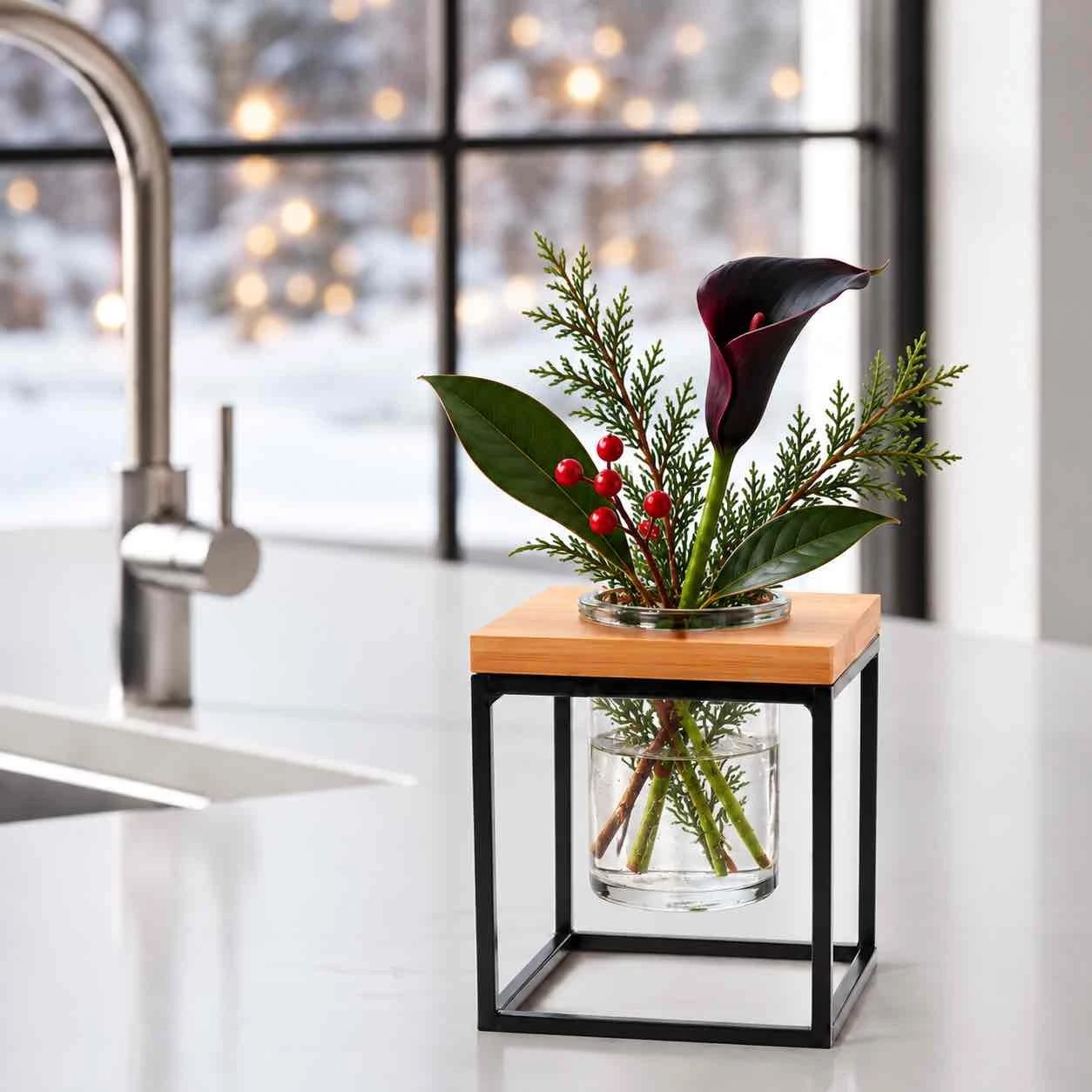 Classic Pablo Cube metal stand with glass vase from Couronne Co