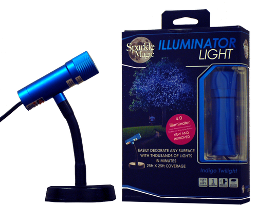 Sparkle Magic 4.0 SeriesIndigo Blue  Laser Illuminator

Our brand new and improved 4.0 Series laser Illuminator proves that you can continue to improve and get better. 
The 4.0 series has the same great look and feel but has the following very important feature changes:

- All 4.0 series illuminators now have a built in thermostat and inline heating technology. This provides greater resistance to cold temperatures. Our 4.0 series illuminators can operate efficiently in temperatures as cold as minus 4 degrees F.

- All 4.0 series illuminators now have a built in rectifier allowing them to be powered by either the included 110/120V AC outlet adapter or by directly wiring them into the existing low voltage landscape lighting.

- All 4.0 series illuminators now have greatly improved static electricity protection. Lasers are very susceptible to damage from Static electricity. To prevent this, we have include a static electric shielding that has been tested to withstand direct contact with a cattle prod level of static electricity.

- All 4.0 series illuminators now have a protective UV coating to help protect the brilliant casing colors from the elements. Customers love the vibrant colors of the Sparkle magic illuminators. This coating will ensure they stay the same color for years to come.

- All 4.0 series illuminators now benefit from our use of commercial grade Class IIIa laser diodes. This creates a wider and brighter spray pattern than our previous models. They just simply look great.

The Sparkle Magic Laser Light is a revolutionary, time saving, portable laser light that comes in 3 colors and allows you to decorate any surface in a kaleidoscope of brilliant color. Simply plug it in, point it towards your house, tree, or wall, and then adjust the dial until you achieve the desired effect. As compared to bliss lights, the Sparkle Magic laser light comes standard with a suite of mounting accessories that allow you to install the laser in a variety of positions. In addition to being weatherproof, versatile and extremely easy to use, the Illuminator uses less energy than traditional decorative lights. Our lights are perfect for year round landscape lighting, pool and patio lighting and outdoor string lights.