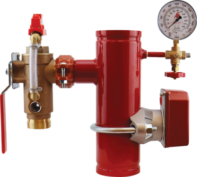 AGF grooved steel riser manifold with locking pressure relief valve (7000L), Potter flow switch, grooved TESTanDRAIN, 3-way valve and pressure gauge