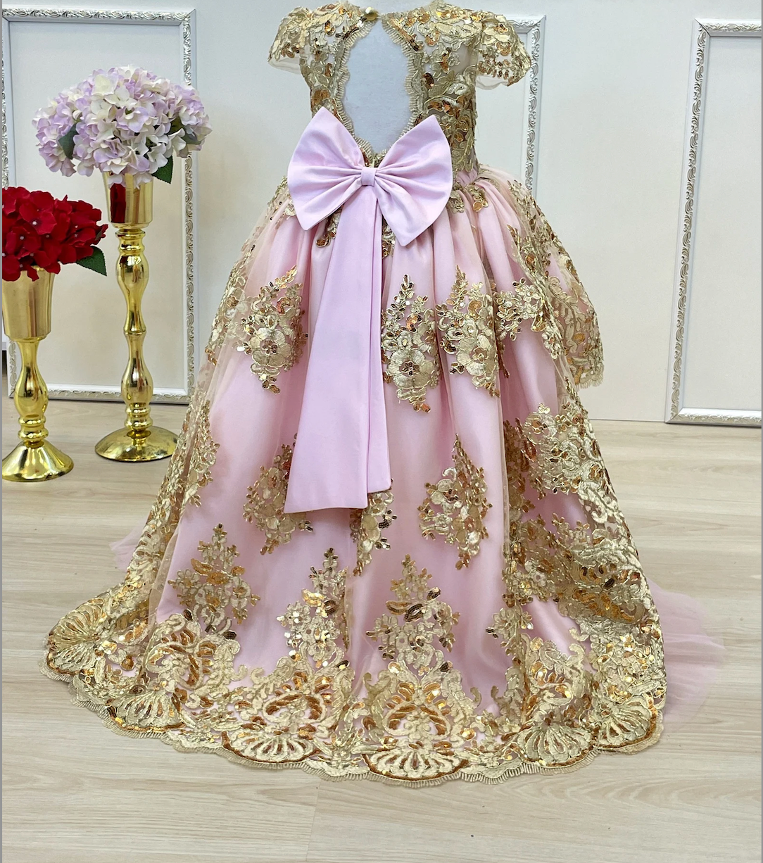 muslimah graduation dress Elegant Gold Flower Girl Dress for Kids Princess Birthday Party Weddin –  DreamyVow main image 0