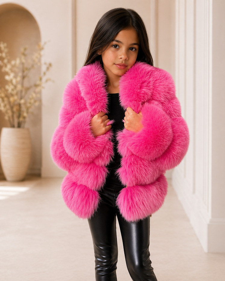 Sarahi hot pink faux fur coat with hood for girls Cool Kids Bklyn