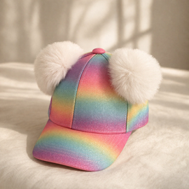 Girl wearing colorful pom pom cap, playful kids fashion accessory