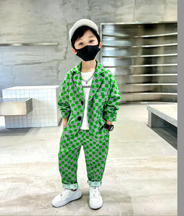 Kids Blazers Sets Spring Autumn Boys Plaid 2pcs Suits Casual Jackets Pocket Dress Single Breasted Children's Clothes  GREEN