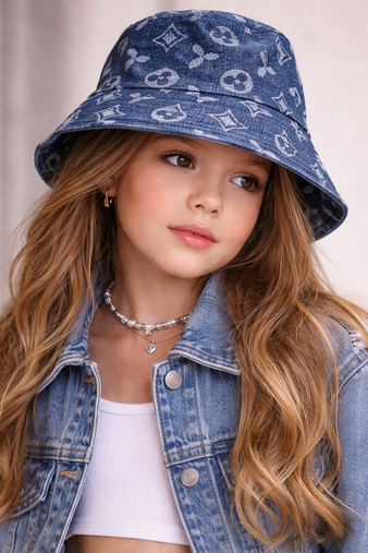 Denim bucket hat for kids by Cool Kids Bklyn, stylish monogram hat in light and dark denim