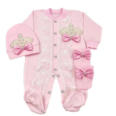 pearly cristal crown 3 pieces baby set in pink 