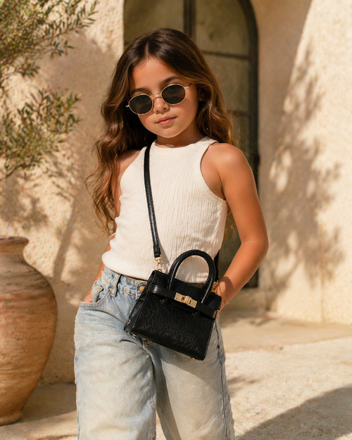 Mini black structured handbag for girls with gold lock detail – Mini Luxe Lock Bag kids luxury purse