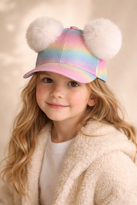 Girl wearing colorful pom pom cap, playful kids fashion accessory