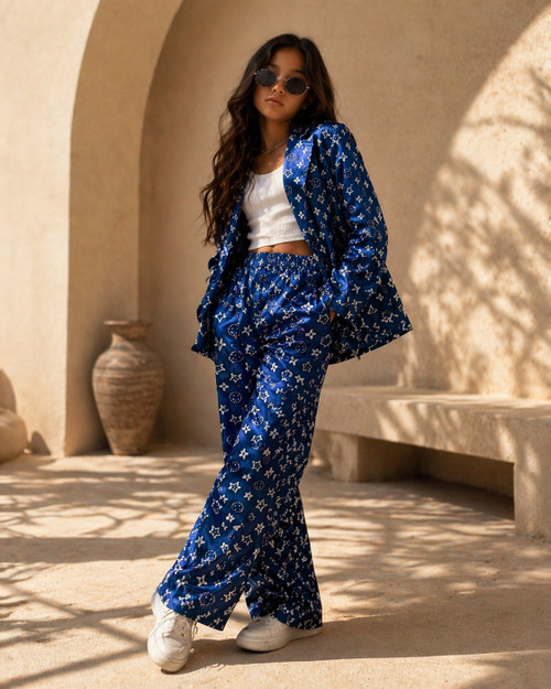Luxury kids streetwear outfit by Cool Kids Bklyn, blue monogram two piece set with blazer and pants for girls