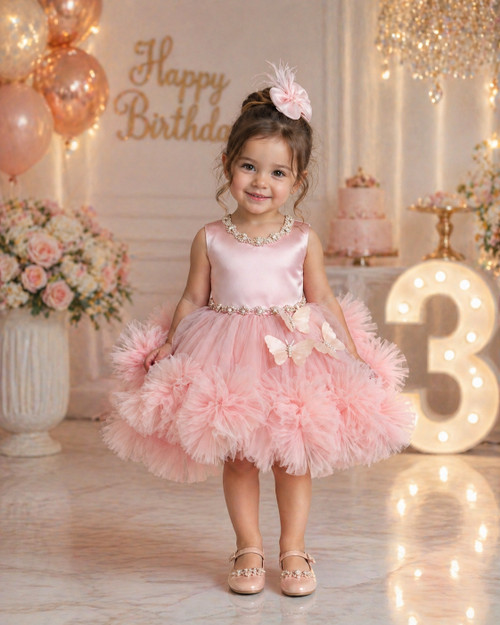 COOLKIDSBKLYN-Butterfly Powder Pink Princess Flower Girl Dress detachable Train Rhinestones