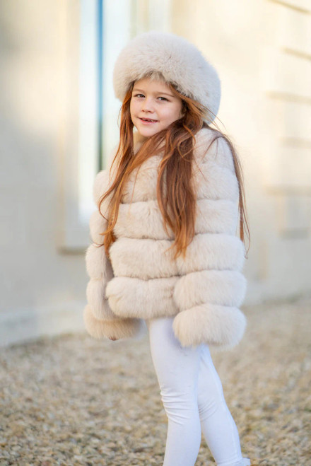 girl beige kids fox fur coat fluffy winter jacket cool kids bklyn