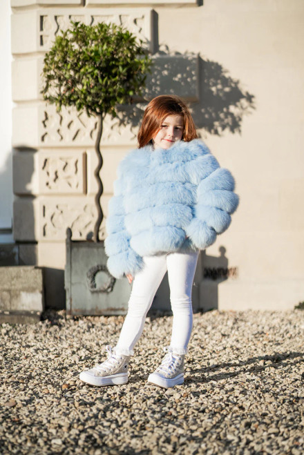 girl wearing kids fox fur blue coat fluffy winter jacket cool kids bklyn