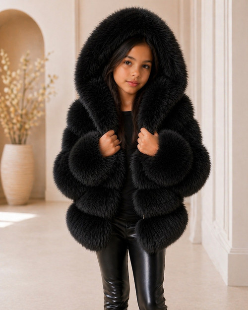 SARAHI Luxurious and fashionable FOX FUR Coat WITH HOODED black