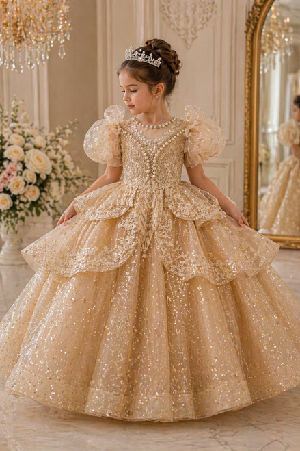 Cool Kids Bklyn Atelier luxury champagne tulle girls dress with pearl bodice and voluminous layered skirt
