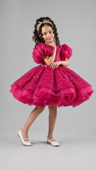 fuschia sequin couture dress for toddler and teen girls with puff sleeves and layered skirt