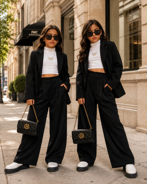 Two stylish girls wearing luxury black oversized suits with gold accessories and mini handbags in a modern editorial fashion scene inspired by elevated kids street style and contemporary luxury fashion.