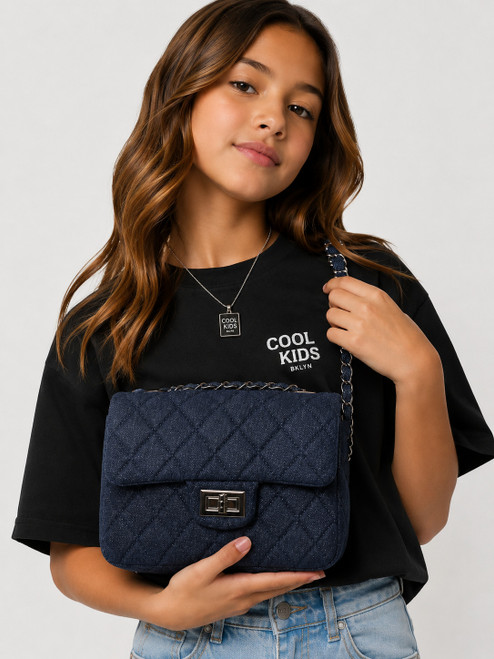 Cool Kids Bklyn Junior Coco Quilted Denim Bag in Dark Blue with quilted denim texture and chain strap.